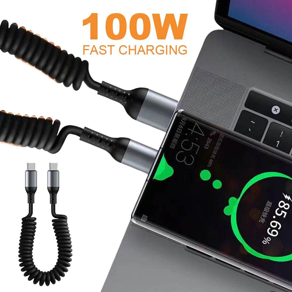 25CM To 1M Car Spring Data Cord 6A Short Fast Charging Wire USB C TO USB C Cable For iPhone15 Huawei Xiaomi Samsung Type c Cable