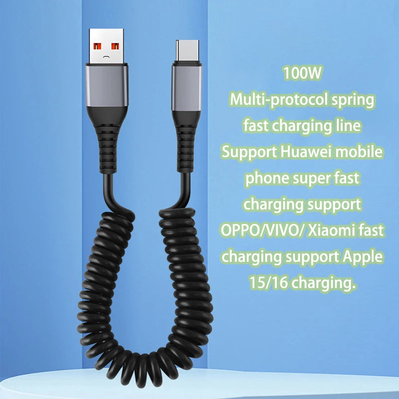 25CM To 1M Car Spring Data Cord 6A Short Fast Charging Wire USB C TO USB C Cable For iPhone15 Huawei Xiaomi Samsung Type c Cable