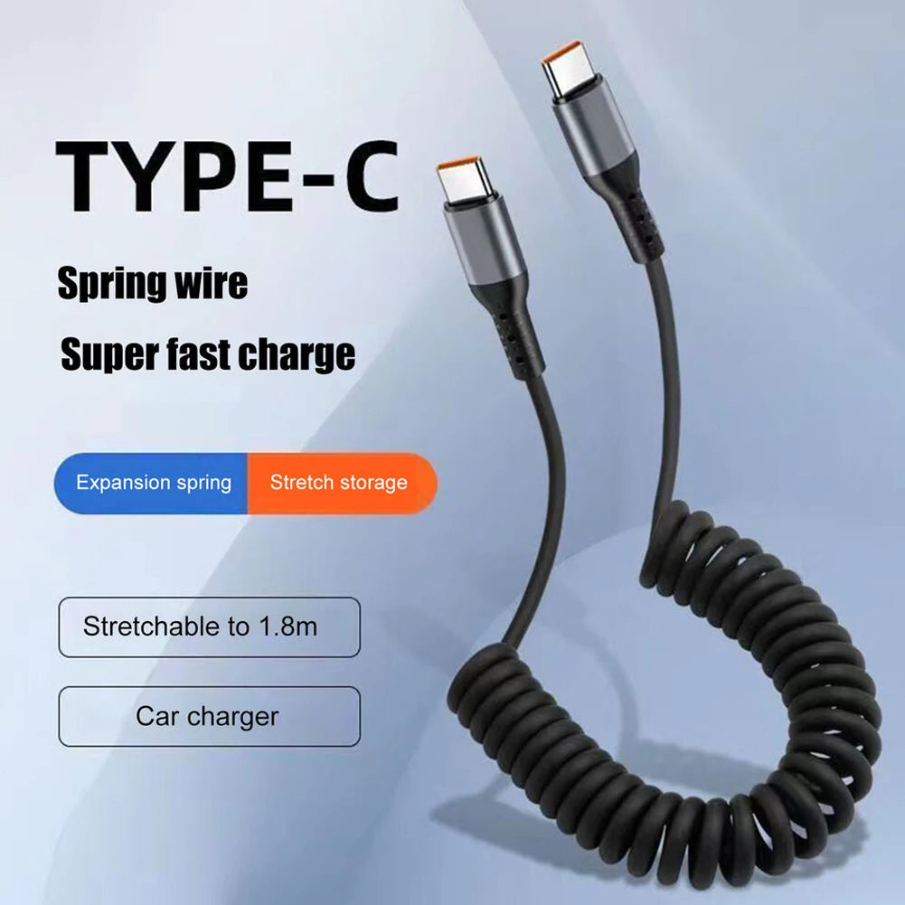 25CM To 1M Car Spring Data Cord 6A Short Fast Charging Wire USB C TO USB C Cable For iPhone15 Huawei Xiaomi Samsung Type c Cable