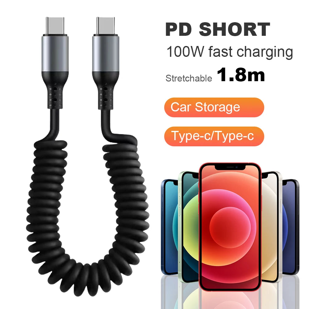 25CM To 1M Car Spring Data Cord 6A Short Fast Charging Wire USB C TO USB C Cable For iPhone15 Huawei Xiaomi Samsung Type c Cable